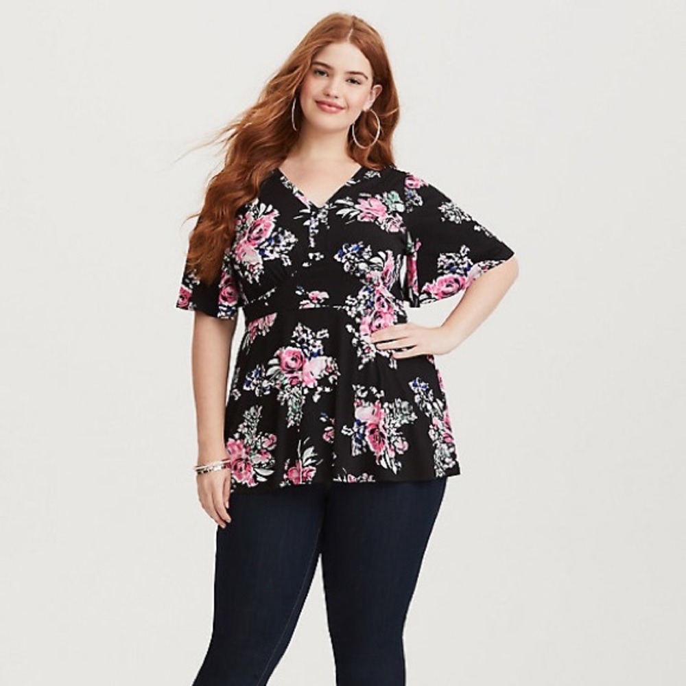 Torrid BLACK FLORAL JERSEY KNIT PEPLUM TOP